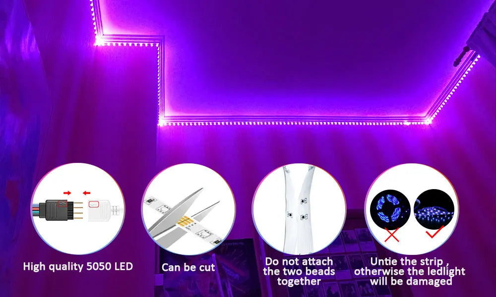 Bande LED intelligente avec contrôle via application, lumières RGB pour chambre, changement de couleur synchronisé avec la musique