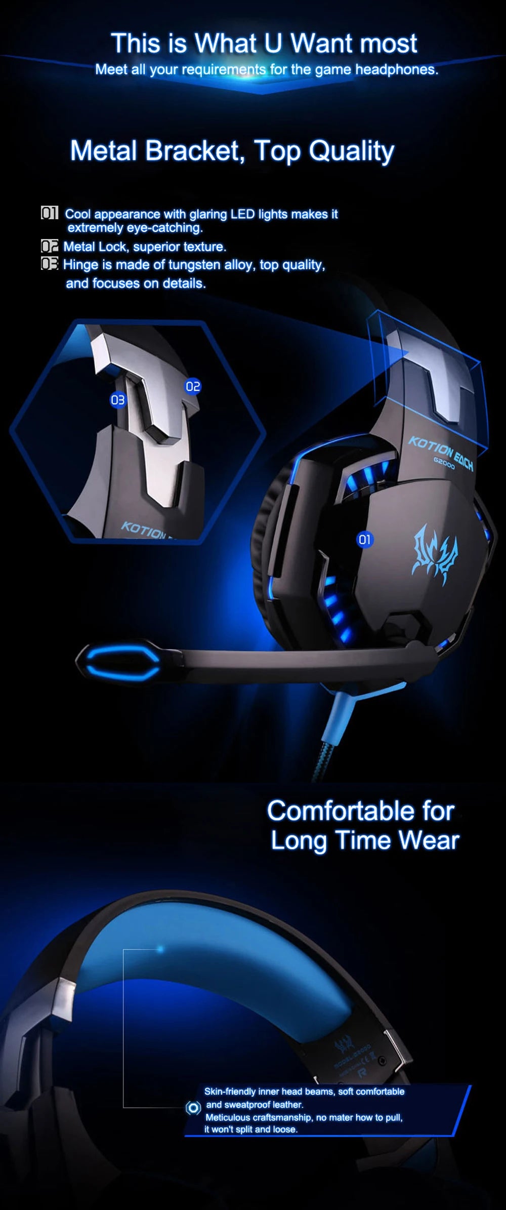 Casque Gaming G2000 – Son stéréo, basses profondes, casque filaire avec éclairage et microphone pour PS5, PS4, XBOX, PC, ordinateur portable