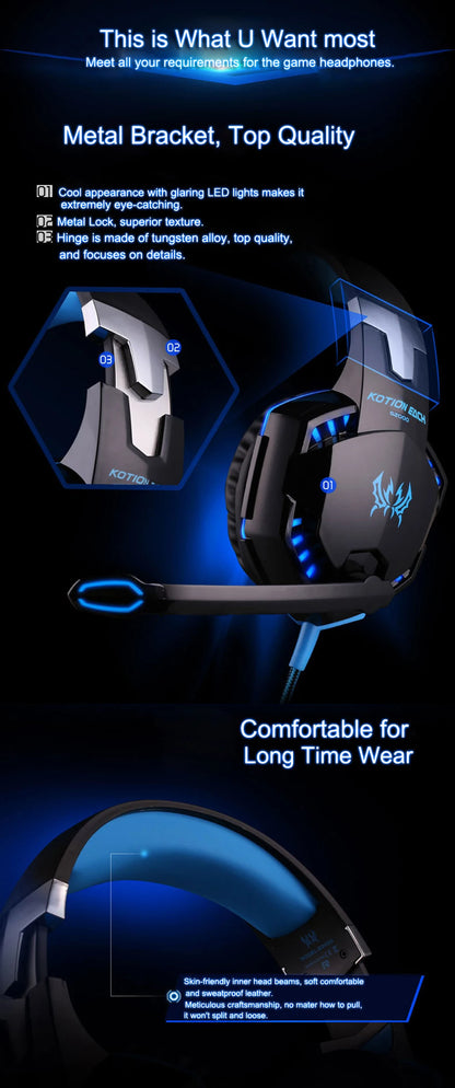 Casque Gaming G2000 – Son stéréo, basses profondes, casque filaire avec éclairage et microphone pour PS5, PS4, XBOX, PC, ordinateur portable