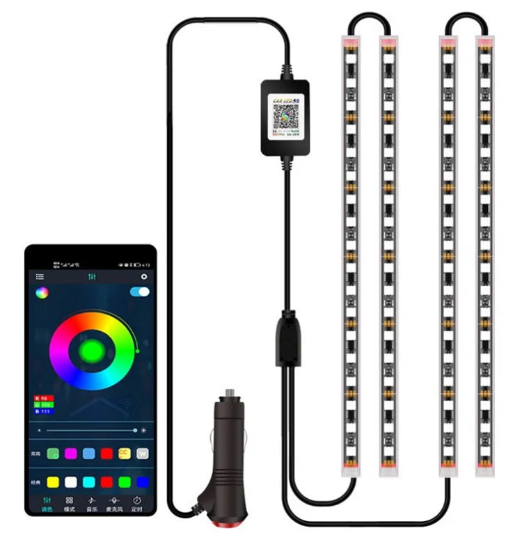 Éclairage ambiant magique pour voiture, bandes LED intérieures décoratives 4-en-1 avec effet de poursuite lumineuse et flux dynamique, accessoires décoratifs pour l’habitacle.
