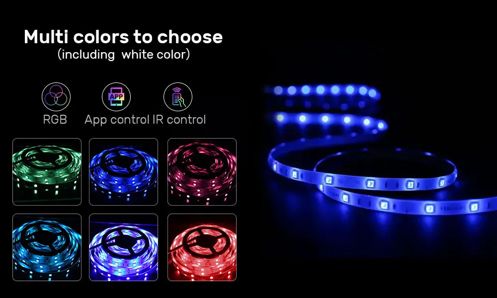 Bande LED RGB avec synchronisation musicale, changement de couleur, micro intégré sensible, éclairage LED contrôlé via application, DC 12V, flexible.