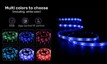 Bande LED RGB avec synchronisation musicale, changement de couleur, micro intégré sensible, éclairage LED contrôlé via application, DC 12V, flexible.