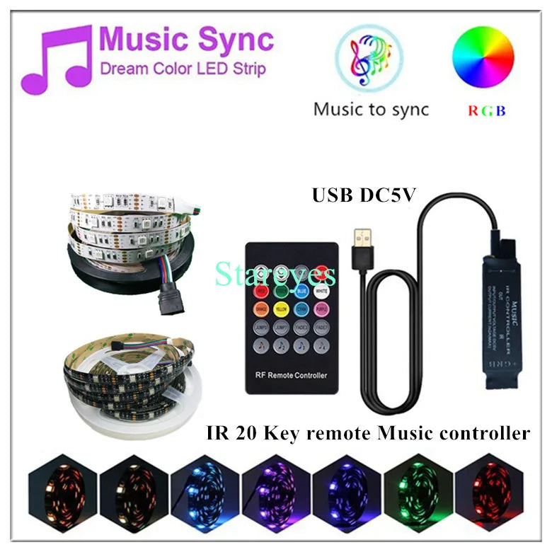 Bande LED RGB SMD 5050, bande lumineuse LED DC 5V USB, flexible, IP20/IP65 étanche, 1 m, 2 m, 3 m, 4 m, 5 m, avec télécommande pour arrière-plan TV.