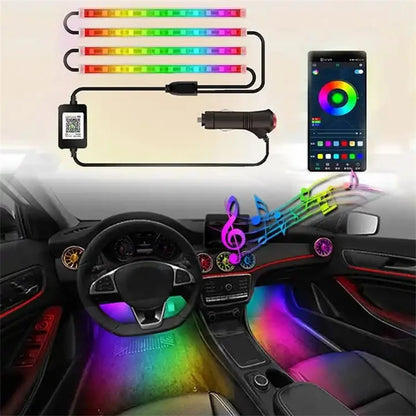 Éclairage ambiant magique pour voiture, bandes LED intérieures décoratives 4-en-1 avec effet de poursuite lumineuse et flux dynamique, accessoires décoratifs pour l’habitacle.