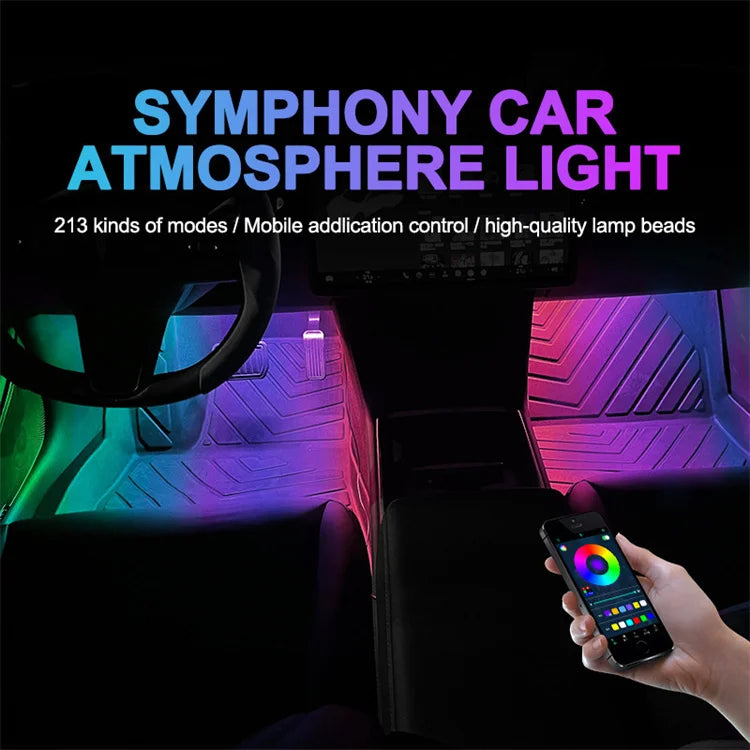 Éclairage ambiant magique pour voiture, bandes LED intérieures décoratives 4-en-1 avec effet de poursuite lumineuse et flux dynamique, accessoires décoratifs pour l’habitacle.
