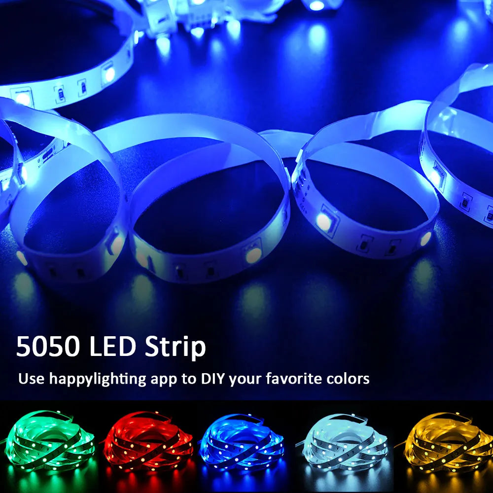 Bande LED RGB avec synchronisation musicale, changement de couleur, micro intégré sensible, éclairage LED contrôlé via application, DC 12V, flexible.