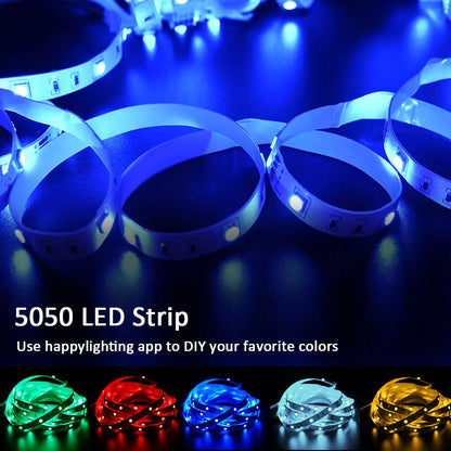 Bande LED RGB avec synchronisation musicale, changement de couleur, micro intégré sensible, éclairage LED contrôlé via application, DC 12V, flexible.