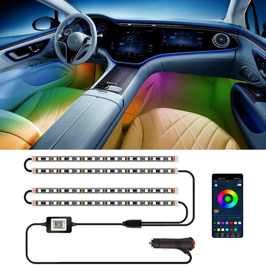 Éclairage ambiant magique pour voiture, bandes LED intérieures décoratives 4-en-1 avec effet de poursuite lumineuse et flux dynamique, accessoires décoratifs pour l’habitacle.