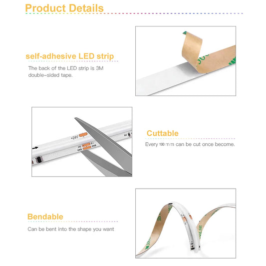 Bande LED COB RGB à effet magique – Haute luminosité, faible chute de tension, éclairage sans points, contrôle à distance, couleurs rêve (Dream Color) avec puce IC intégrée.