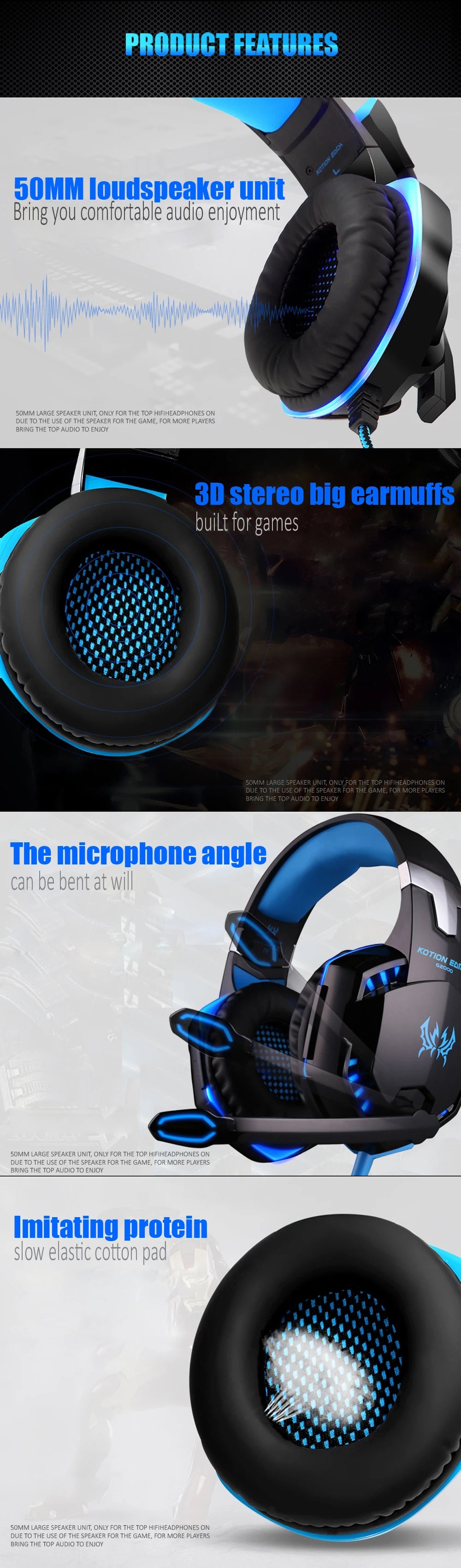 Casque Gaming G2000 – Son stéréo, basses profondes, casque filaire avec éclairage et microphone pour PS5, PS4, XBOX, PC, ordinateur portable