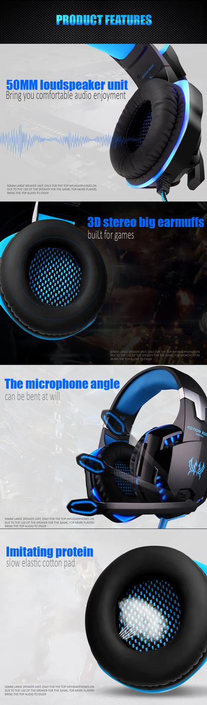 Casque Gaming G2000 – Son stéréo, basses profondes, casque filaire avec éclairage et microphone pour PS5, PS4, XBOX, PC, ordinateur portable