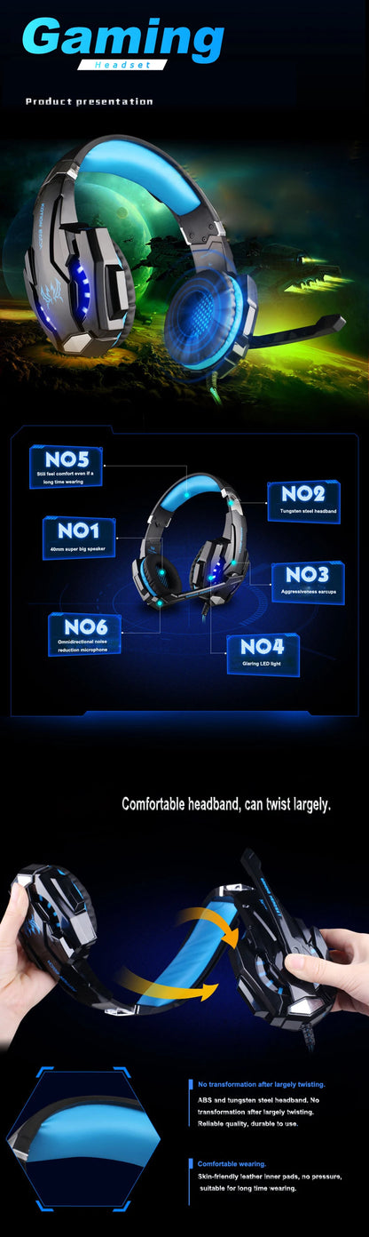 Casque Gaming G2000 – Son stéréo, basses profondes, casque filaire avec éclairage et microphone pour PS5, PS4, XBOX, PC, ordinateur portable