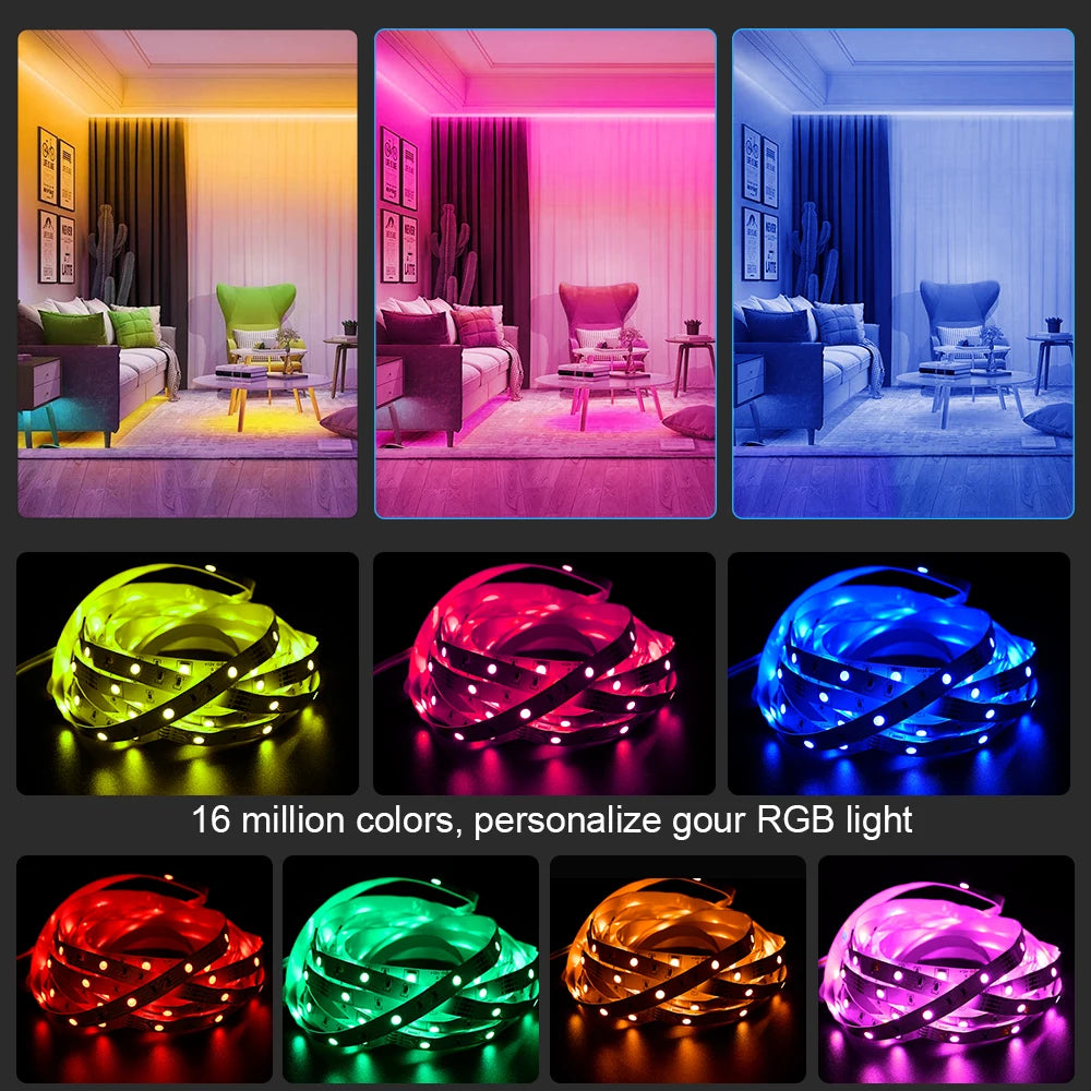 Bande LED RGB avec synchronisation musicale, changement de couleur, micro intégré sensible, éclairage LED contrôlé via application, DC 12V, flexible.