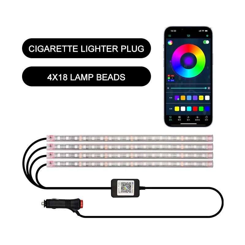 Éclairage ambiant magique pour voiture, bandes LED intérieures décoratives 4-en-1 avec effet de poursuite lumineuse et flux dynamique, accessoires décoratifs pour l’habitacle.