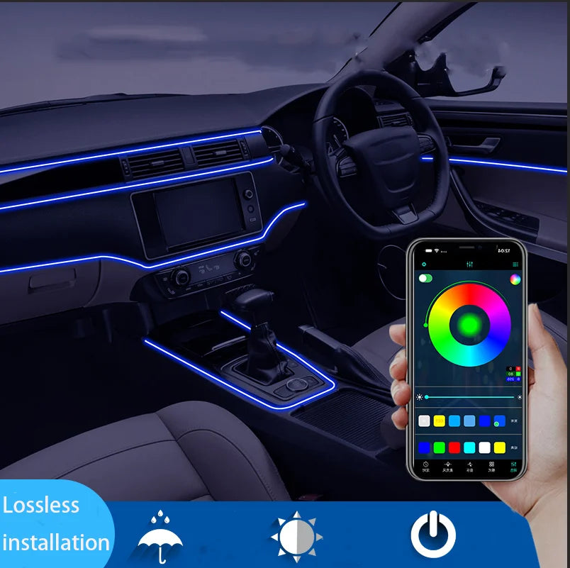 Lumière d’ambiance pour voiture 64 couleurs, bande en fibre acrylique 18-en-1 avec éclairage ambiant en cascade synchronisé avec la voix