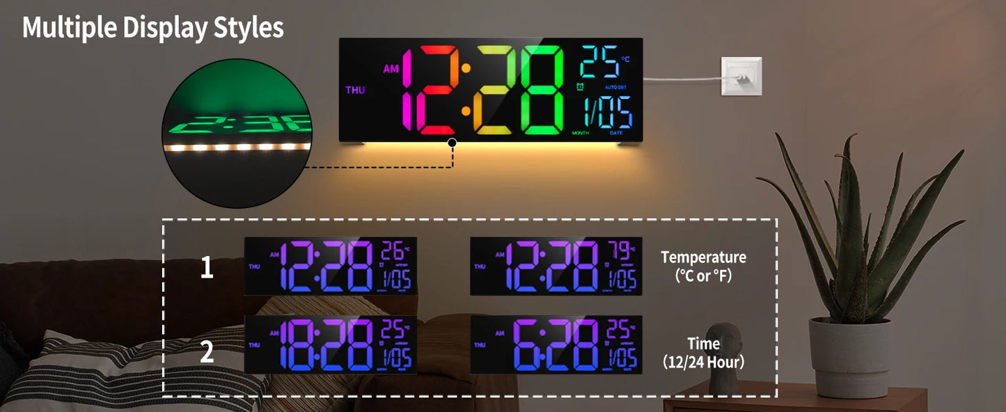 Horloge murale numérique 16" grande, grand affichage LED avec télécommande, 8 couleurs RGB, alarme, changement d’heure été/hiver (DST), température, pour salon et cuisine.