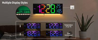 Horloge murale numérique 16" grande, grand affichage LED avec télécommande, 8 couleurs RGB, alarme, changement d’heure été/hiver (DST), température, pour salon et cuisine.