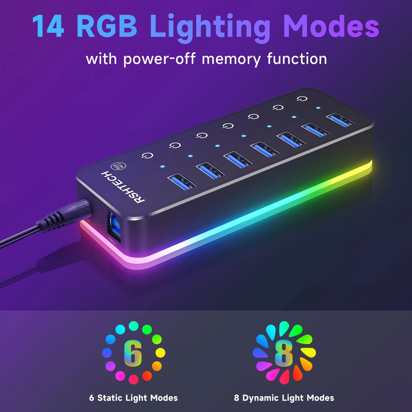 RSHTECH – Hub USB 3.0 RGB avec 7 ports, répartiteur de données 5 Gbps et 14 modes d’éclairage, pour ordinateur, PC portable et accessoires.