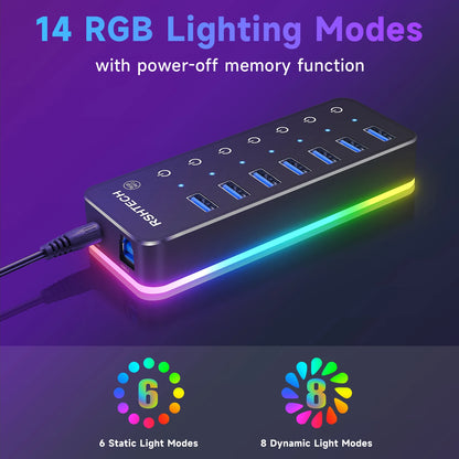 RSHTECH – Hub USB 3.0 RGB avec 7 ports, répartiteur de données 5 Gbps et 14 modes d’éclairage, pour ordinateur, PC portable et accessoires.