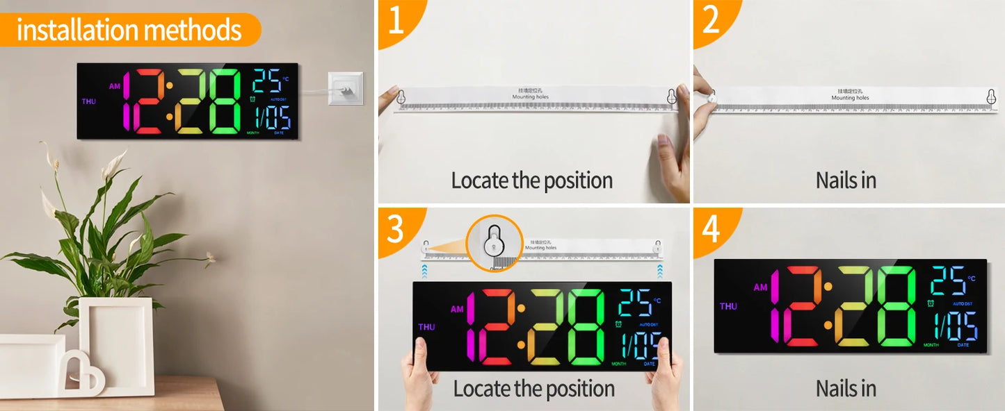 Horloge murale numérique 16" grande, grand affichage LED avec télécommande, 8 couleurs RGB, alarme, changement d’heure été/hiver (DST), température, pour salon et cuisine.