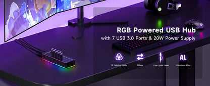 RSHTECH – Hub USB 3.0 RGB avec 7 ports, répartiteur de données 5 Gbps et 14 modes d’éclairage, pour ordinateur, PC portable et accessoires.