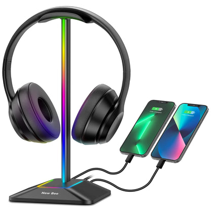 Support de casque RGB New Bee Z8, support bureau pour casque gaming avec 2 ports USB, affichage lumineux stylé et base en caoutchouc antidérapante pour gamer.