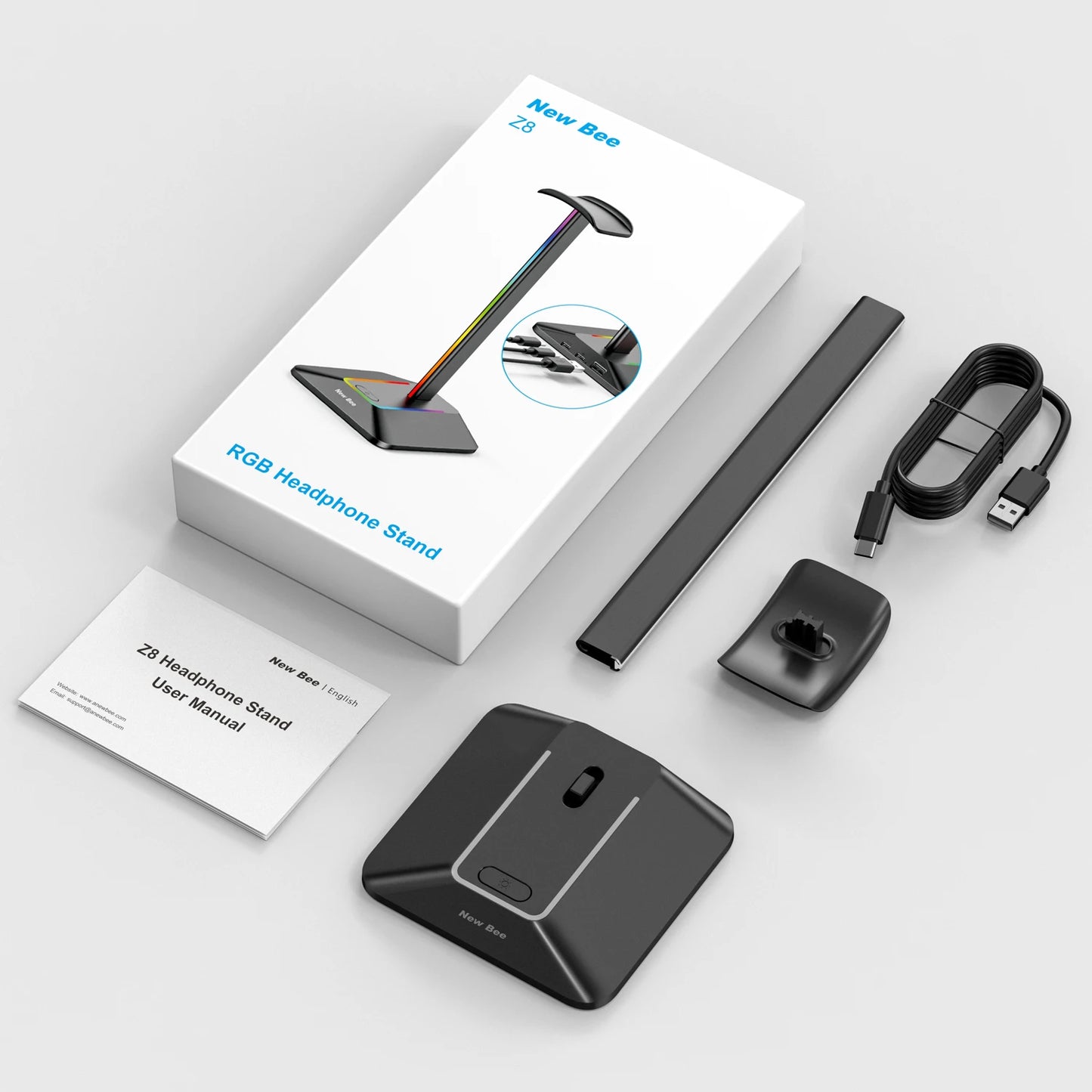 Support de casque RGB New Bee Z8, support bureau pour casque gaming avec 2 ports USB, affichage lumineux stylé et base en caoutchouc antidérapante pour gamer.