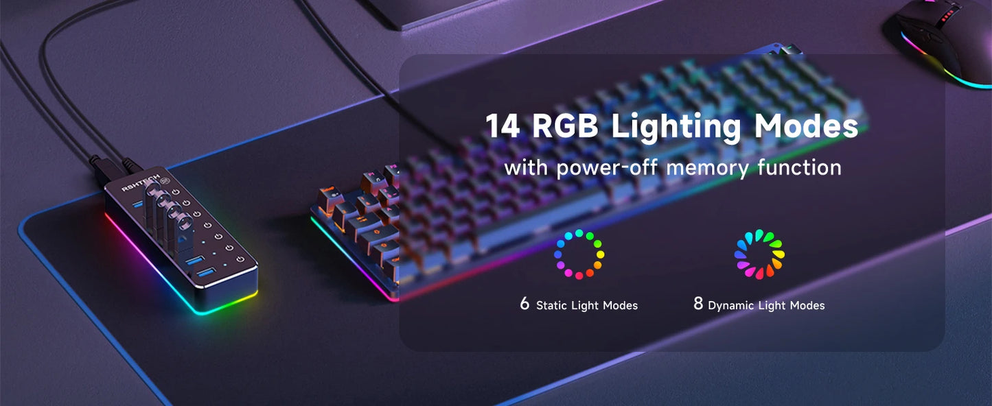 RSHTECH – Hub USB 3.0 RGB avec 7 ports, répartiteur de données 5 Gbps et 14 modes d’éclairage, pour ordinateur, PC portable et accessoires.