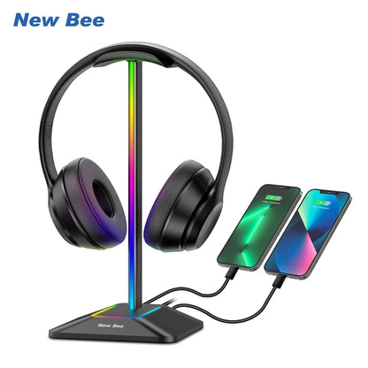 Support de casque RGB New Bee Z8, support bureau pour casque gaming avec 2 ports USB, affichage lumineux stylé et base en caoutchouc antidérapante pour gamer.