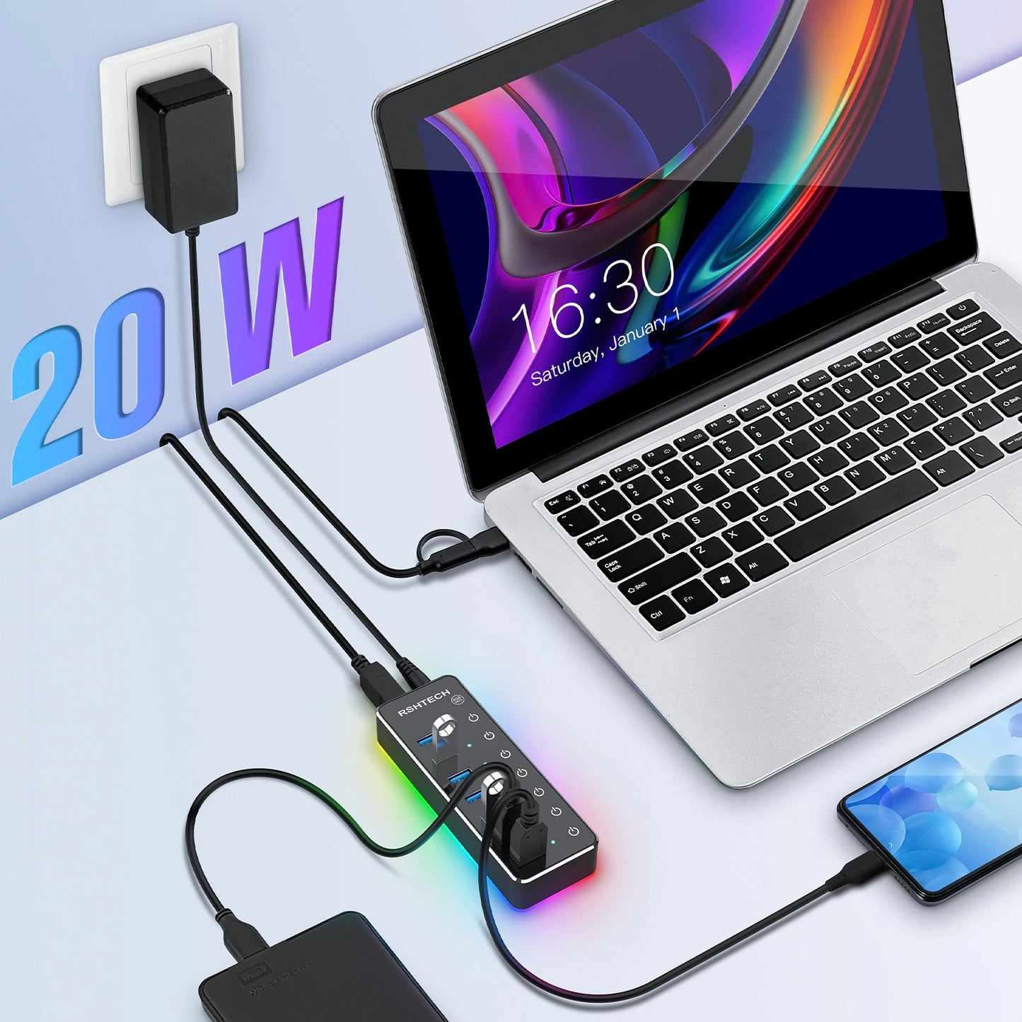 RSHTECH – Hub USB 3.0 RGB avec 7 ports, répartiteur de données 5 Gbps et 14 modes d’éclairage, pour ordinateur, PC portable et accessoires.