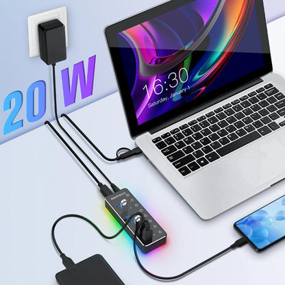 RSHTECH – Hub USB 3.0 RGB avec 7 ports, répartiteur de données 5 Gbps et 14 modes d’éclairage, pour ordinateur, PC portable et accessoires.