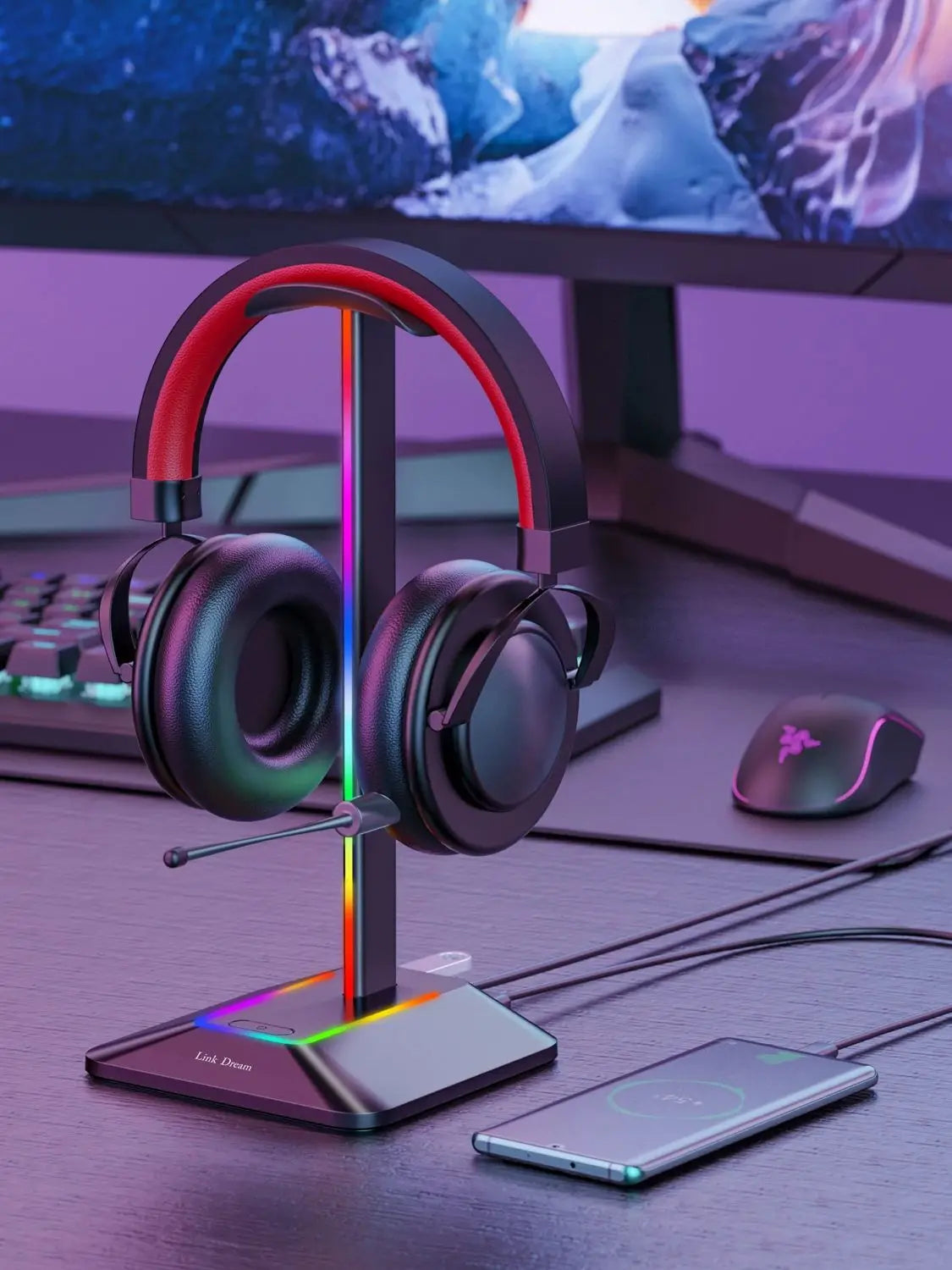 Support de casque RGB New Bee Z8, support bureau pour casque gaming avec 2 ports USB, affichage lumineux stylé et base en caoutchouc antidérapante pour gamer.