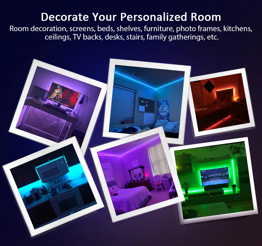 Bande LED RGB avec synchronisation musicale, changement de couleur, micro intégré sensible, éclairage LED contrôlé via application, DC 12V, flexible.