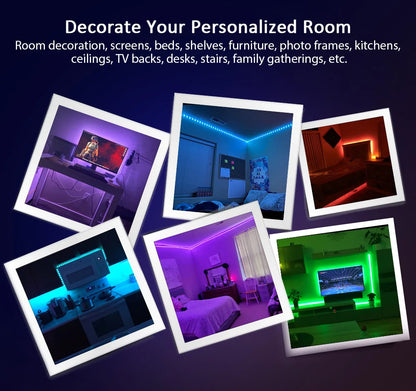 Bande LED RGB avec synchronisation musicale, changement de couleur, micro intégré sensible, éclairage LED contrôlé via application, DC 12V, flexible.