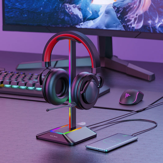 Support de casque RGB New Bee Z8, support bureau pour casque gaming avec 2 ports USB, affichage lumineux stylé et base en caoutchouc antidérapante pour gamer.