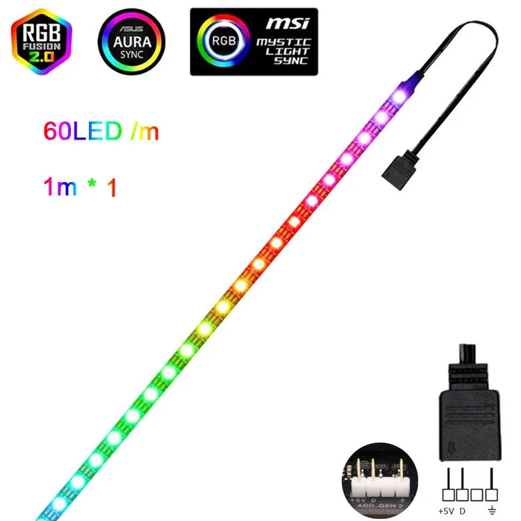 Addressable Rainbow PC Digital WS2812b LED Strip Light for 5V 3pin ARGB Header PC Case Asus Aura Sync RGBIC Fusion MSI Mystic