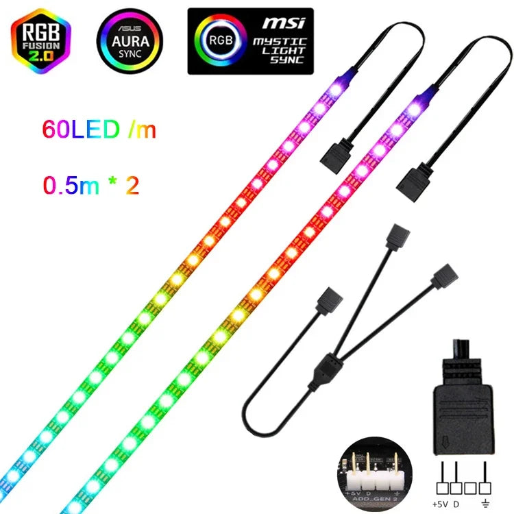 Addressable Rainbow PC Digital WS2812b LED Strip Light for 5V 3pin ARGB Header PC Case Asus Aura Sync RGBIC Fusion MSI Mystic