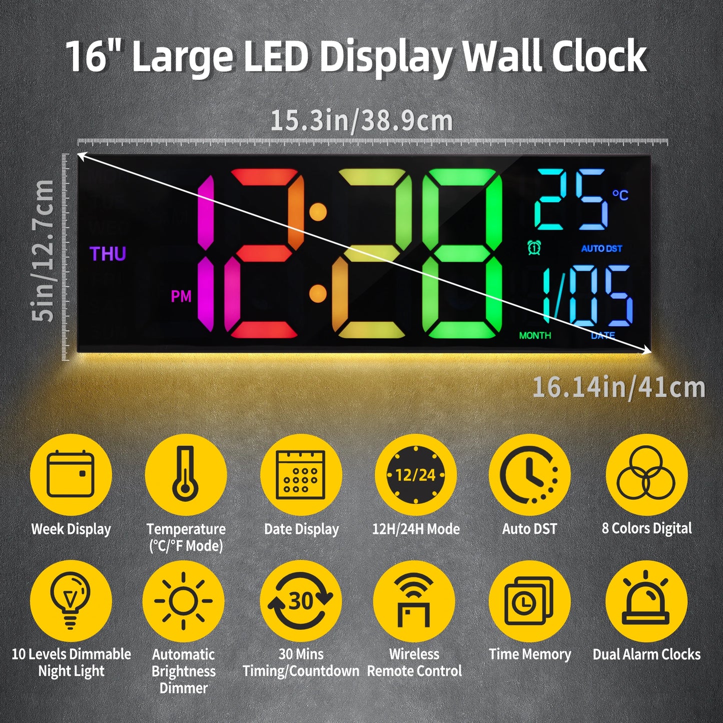 Horloge murale numérique 16" grande, grand affichage LED avec télécommande, 8 couleurs RGB, alarme, changement d’heure été/hiver (DST), température, pour salon et cuisine.