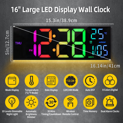 Horloge murale numérique 16" grande, grand affichage LED avec télécommande, 8 couleurs RGB, alarme, changement d’heure été/hiver (DST), température, pour salon et cuisine.
