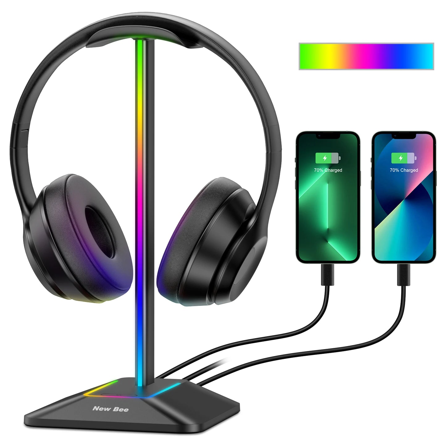 Support de casque RGB New Bee Z8, support bureau pour casque gaming avec 2 ports USB, affichage lumineux stylé et base en caoutchouc antidérapante pour gamer.
