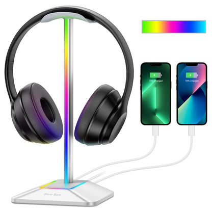 Support de casque RGB New Bee Z8, support bureau pour casque gaming avec 2 ports USB, affichage lumineux stylé et base en caoutchouc antidérapante pour gamer.