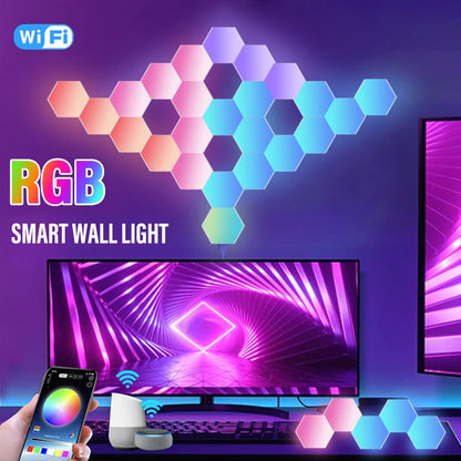 Lampe murale hexagonale intelligente RGB, lumière d’ambiance changeant de couleur, forme DIY, synchronisée avec la musique, contrôle via application pour chambre ou salle de jeu
