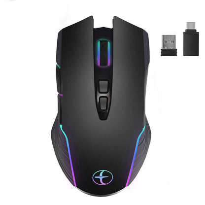 Souris de jeu sans fil 2,4 GHz à 7 boutons, rechargeable, avec récepteurs USB et Type-C