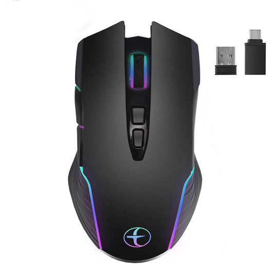 Souris de jeu sans fil 2,4 GHz à 7 boutons, rechargeable, avec récepteurs USB et Type-C