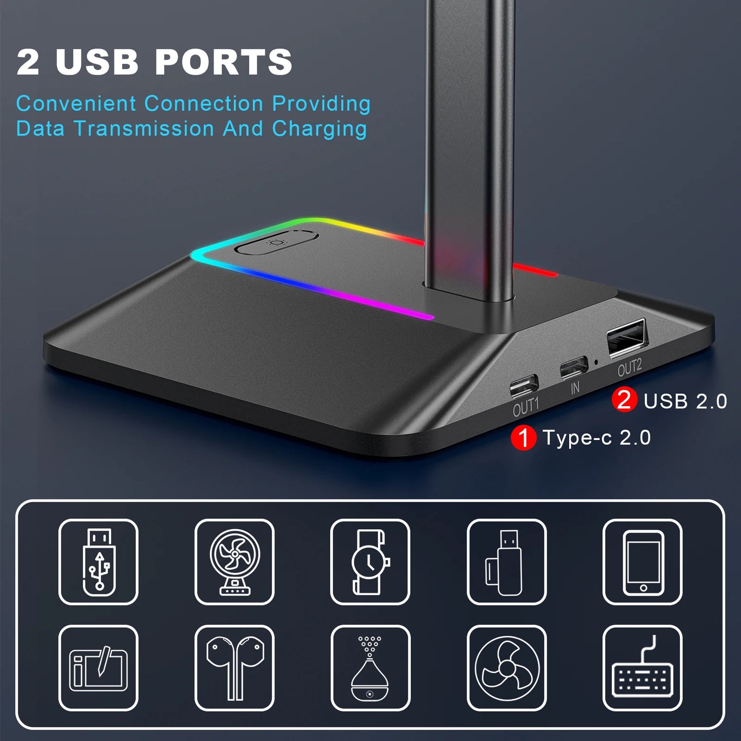 Support de casque RGB New Bee Z8, support bureau pour casque gaming avec 2 ports USB, affichage lumineux stylé et base en caoutchouc antidérapante pour gamer.