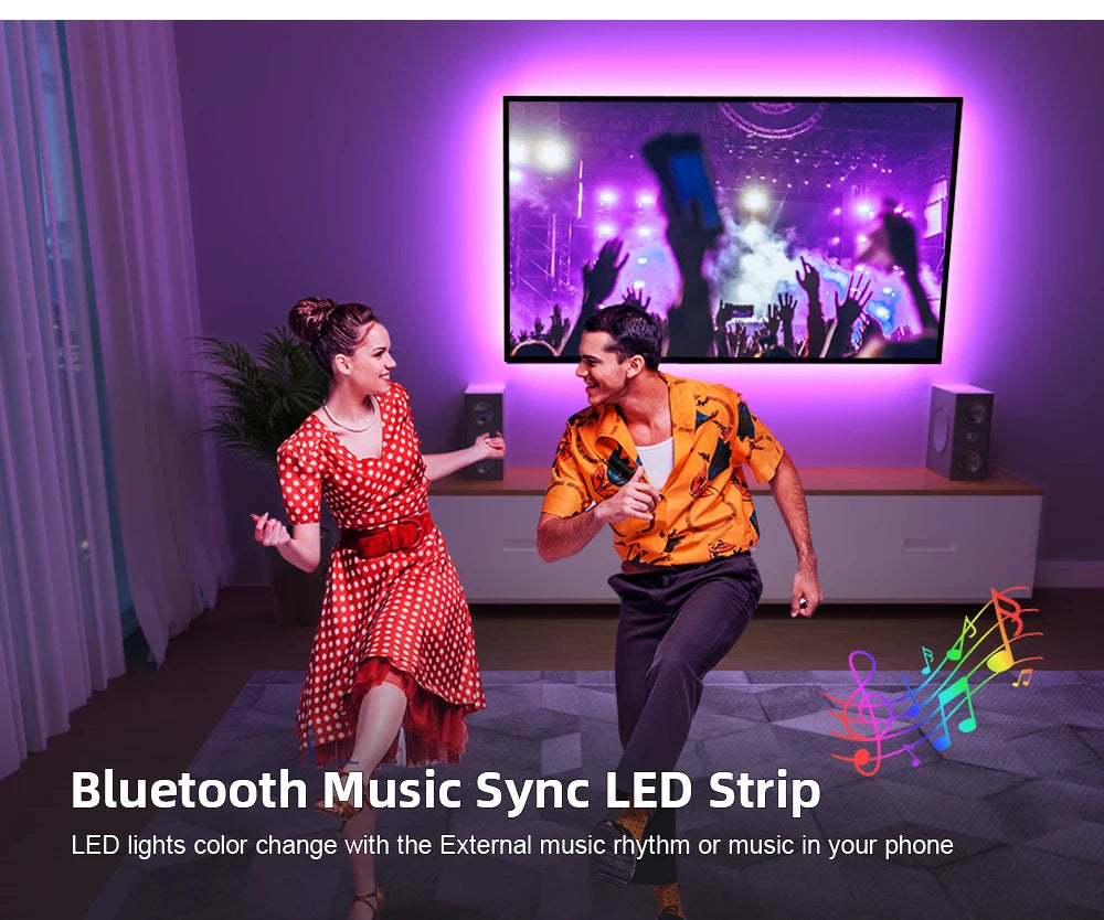 Bande LED RGB avec synchronisation musicale, changement de couleur, micro intégré sensible, éclairage LED contrôlé via application, DC 12V, flexible.