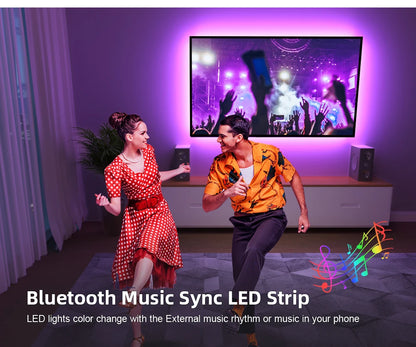 Bande LED RGB avec synchronisation musicale, changement de couleur, micro intégré sensible, éclairage LED contrôlé via application, DC 12V, flexible.