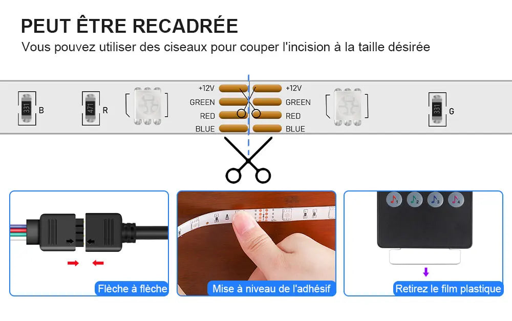 Bande LED RGB avec synchronisation musicale, changement de couleur, micro intégré sensible, éclairage LED contrôlé via application, DC 12V, flexible.