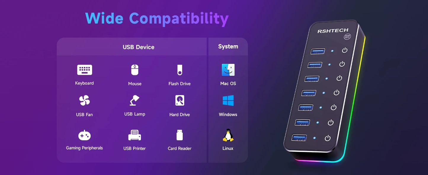RSHTECH – Hub USB 3.0 RGB avec 7 ports, répartiteur de données 5 Gbps et 14 modes d’éclairage, pour ordinateur, PC portable et accessoires.