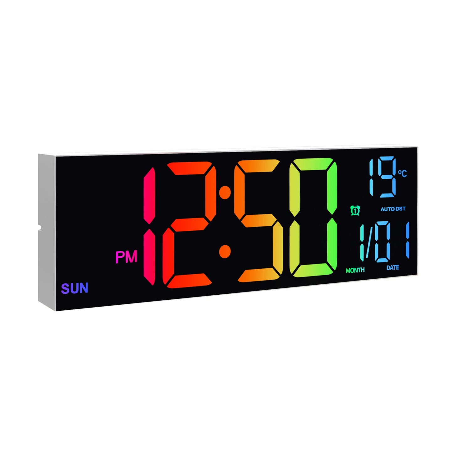 Horloge murale numérique 16" grande, grand affichage LED avec télécommande, 8 couleurs RGB, alarme, changement d’heure été/hiver (DST), température, pour salon et cuisine.